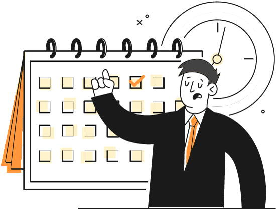 Illustration of a businessman standing in front of a calendar and clock. Save time with social media Preston.